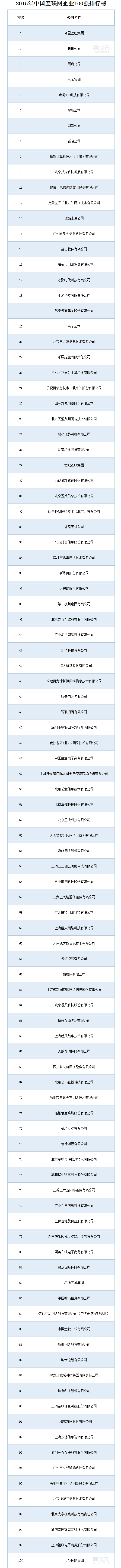 中国互联网公司排名 2015